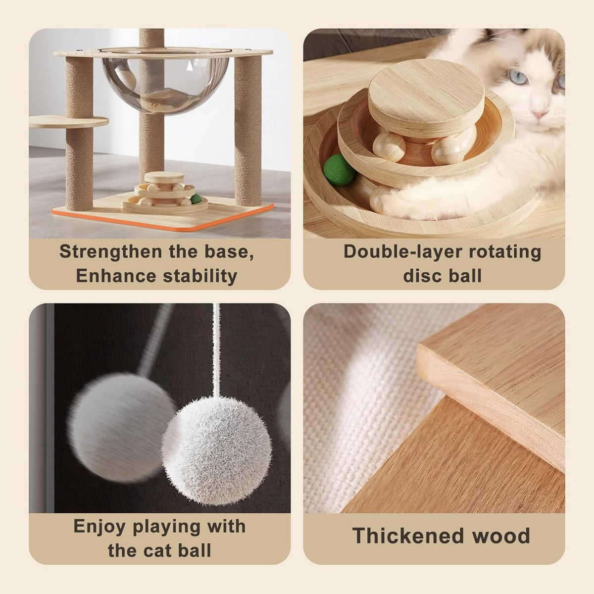 Indoor Cat & Kittens Multi-Level Climbing Activity Tower with Scratching Posts, Selected Wood and Sisal,Cat Tree Large (24.7inH) -cat House Beige
