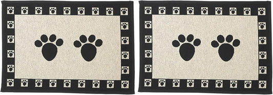 PetRageous 12049 Paws Jumbo Tapestry Dog and Cat Non-Skid Machine Washable Placemat for Pet Feeding Areas with Rubber Backing 18-Inch by 28-Inch for Dogs and Cats, Black and Natural (Pack of 2)