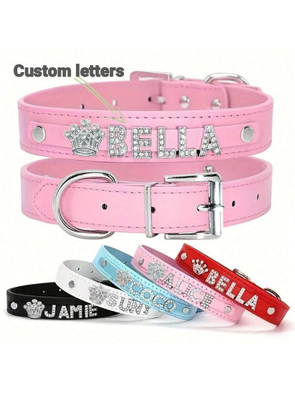 Personalized Dog Collar PU Leather Puppy Cat ID Collars With Rhinestone Heart Star Shaped Dog Accessory For Small Medium And Large Dogs