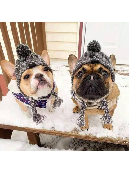Winter Warm Dog Hats Windproof Knitting French Bulldog Hat For Dogs Chihuahua Hat Fluffy Ball Pet Hat Puppy Accessories