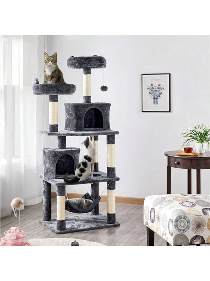 62.5" Tall Double Condo Cat Tree And Scratching Post Tower, Dark Gray