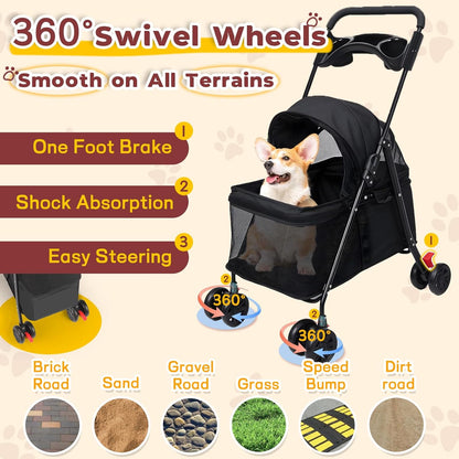 4-Wheel Pet Stroller for Small Medium Dogs with Removable & Detachable Carrier, Foldable Waterproof Dog Stroller with Breathable Mesh, Cup Holder, Storage Basket & Safety Leash (Pink)