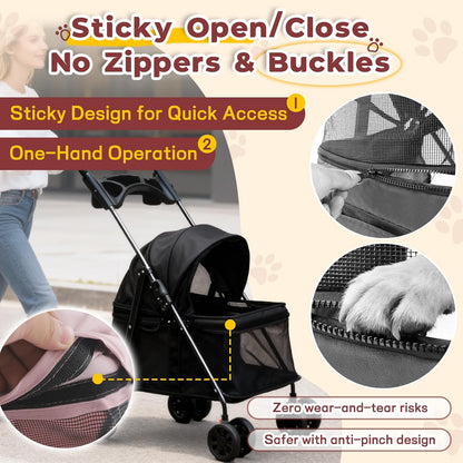 4-Wheel Pet Stroller for Small Medium Dogs with Removable & Detachable Carrier, Foldable Waterproof Dog Stroller with Breathable Mesh, Cup Holder, Storage Basket & Safety Leash (Pink)
