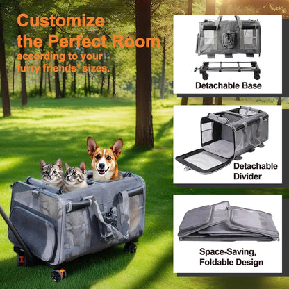 Large Cat Carrier with Wheels – Double-Compartment Foldable Pet Dog Carrier with Wheels for Multi Pets – Soft Rolling Backpack with Detachable Divider, Water Pocket, for Travel Camping Hiking